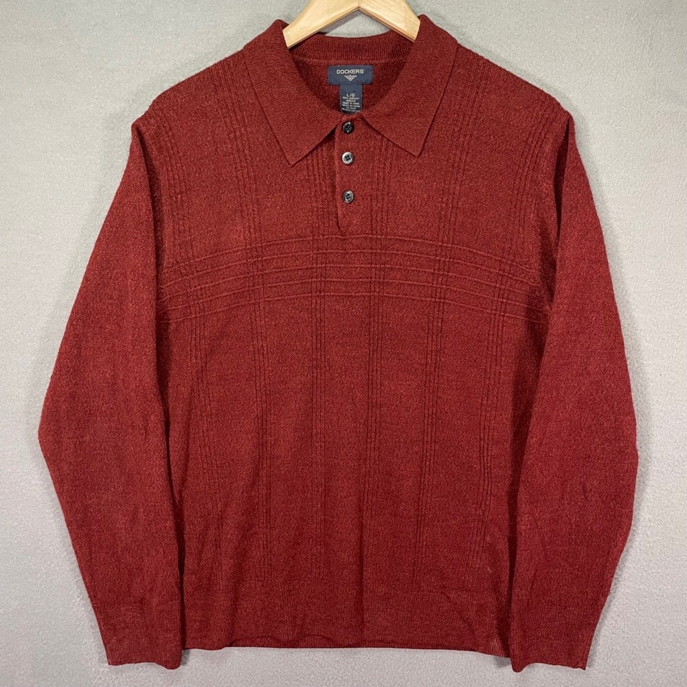 Dockers Polo Sweater Mens Large Burgundy Knit Long Sleeve Pullover